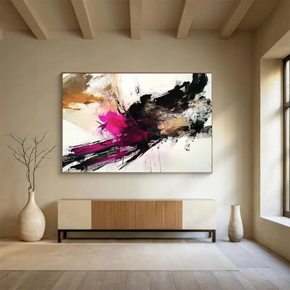 “Bold Pink Black Abstract” - Pink, Black, Beige with Dramatic Strokes - Painting On Canvas HB1372