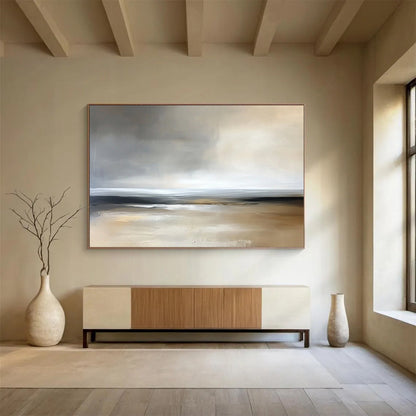 “Muted Coastal Calm” - Grays, beiges, whites; Abstract minimalist beach scene; Soft Acrylic Painting On Canvas HB1181