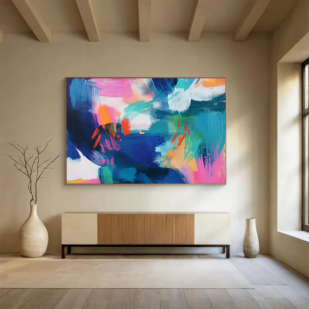 “Color Burst Chaos” - Blue, Pink, Orange, Abstract Brushstrokes Painting On Canvas HB0736