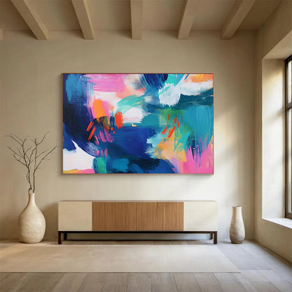 “Color Burst Chaos” - Blue, Pink, Orange, Abstract Brushstrokes Painting On Canvas HB0736