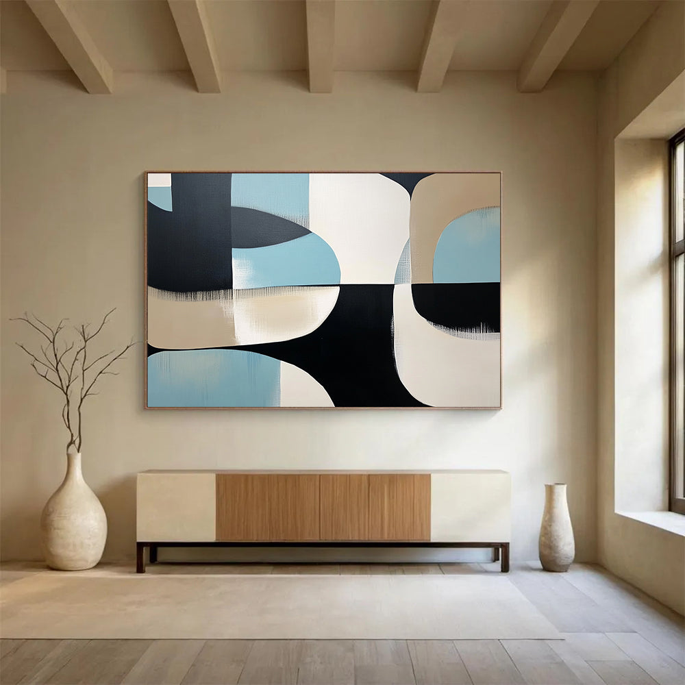 “Curved Geometric Abstract” - Black, white, beige, light blue; Curved geometric abstract shapes; Acrylic Painting On Canvas HB1253