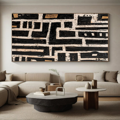 Black, White and Gold Geometric Maze "Labyrinthine Path" Painting On Canvas HB341