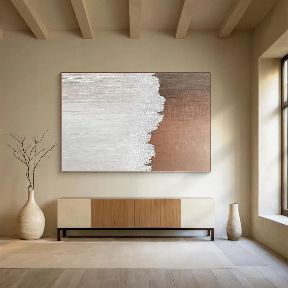 “White and Warm Brown Textured Split” - Minimalist Abstract Painting On Canvas HB0509