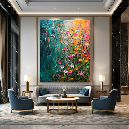 Contemporary abstract painting capturing spring's essence with vibrant flowers and trees in green blue pink and yellow accented by gold and silver textures. DLZ0644