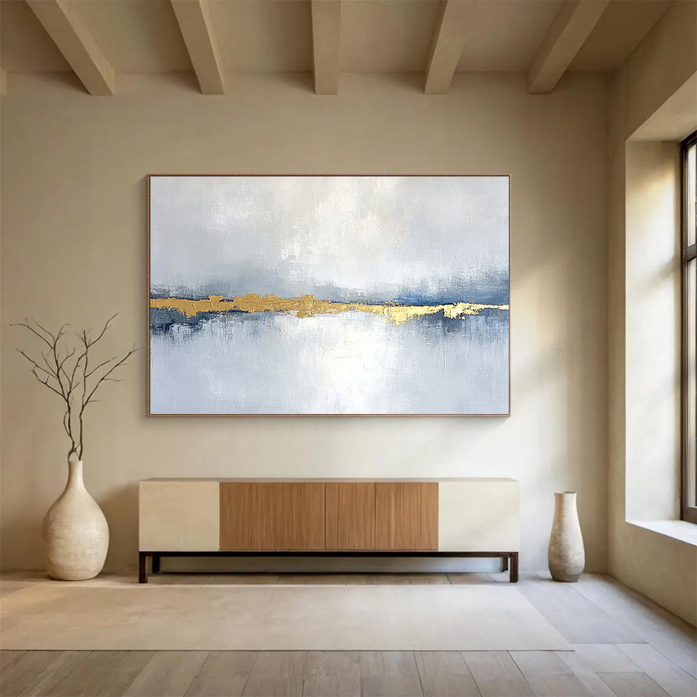 “Blue - Gray Goldline” - Blue, Gray, Gold, Abstract Minimalist Landscape Painting On Canvas HB1088