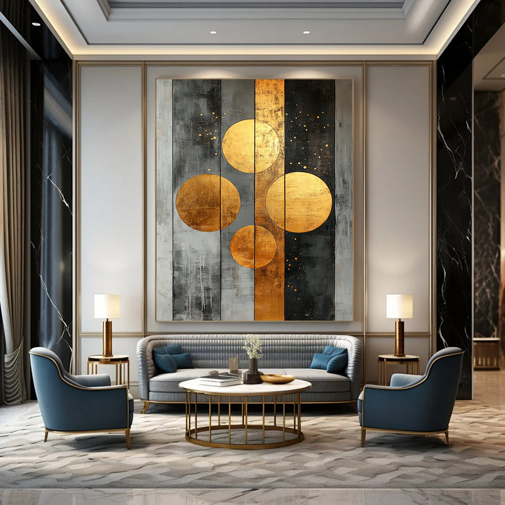 Contemporary abstract artwork features striking gold circles on a textured grey canvas adorned with dynamic stripes and dots for a bold statement. DLZ0740