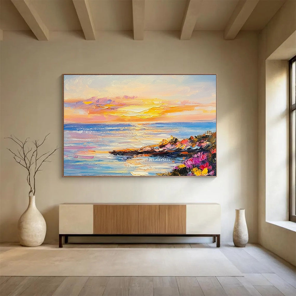 Colorful Coastal Sunset with Wildflowers - Impressionistic Seaside Painting On Canvas HB0442