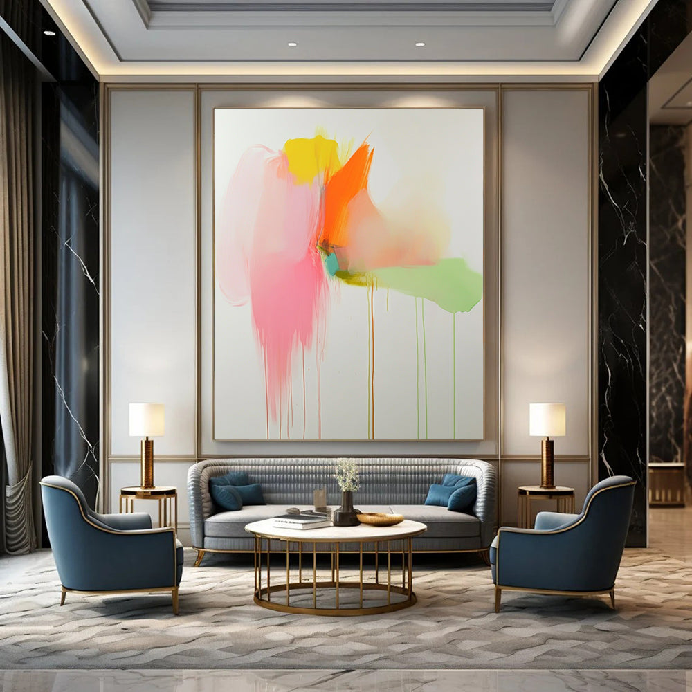 Vibrant contemporary abstract artwork featuring soft pink orange and green tones with pastel drips on a white background creating a serene visual experience. DLZ1063