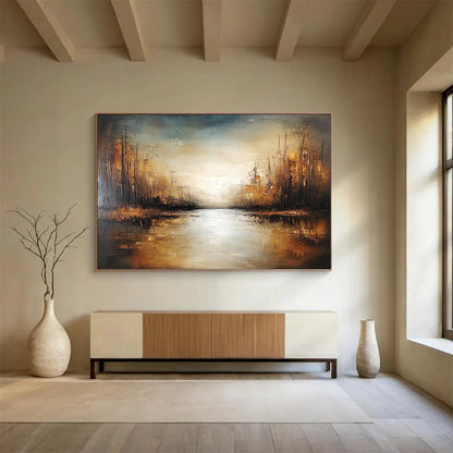 “Golden Forest Stream” - Brown, Gold, Gray, Sunlit Trees and Reflective Stream Painting On Canvas HB0929