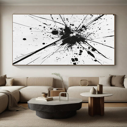Black Splattered Explosion on White - “Energetic Ink Burst” Painting On Canvas HB218