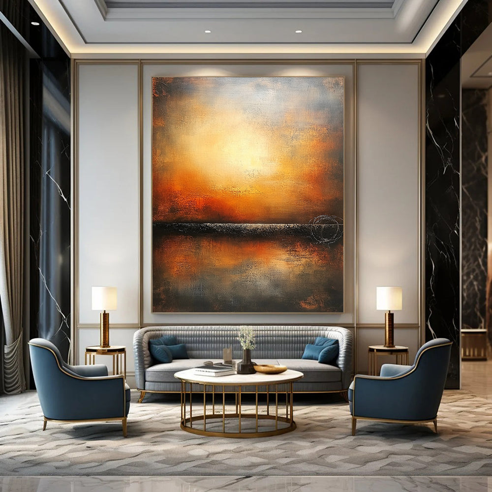 Contemporary hand-painted abstract art featuring an endless horizon in warm colors and muted tones on a textured canvas. DLZ0887