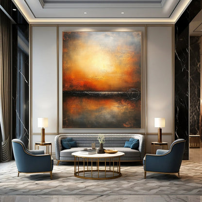 Contemporary hand-painted abstract art featuring an endless horizon in warm colors and muted tones on a textured canvas. DLZ0887