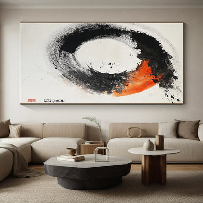 Black, White, Orange, Gray, Textured Circle "Fiery Enso" Abstract Expressionist Painting On Canvas HB106
