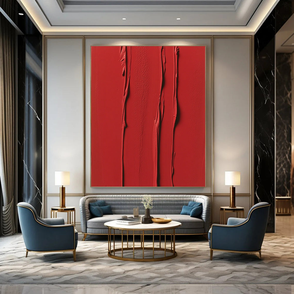 Contemporary abstract painting featuring vibrant red vertical strokes and textured layers evoking energy and passion in a minimalist symmetrical design. DLZ1694