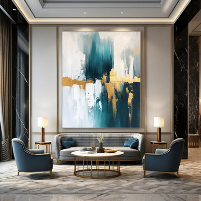 Contemporary abstract artwork featuring gold, teal, and white hues, creating a striking visual impact for modern spaces. DLZ0745