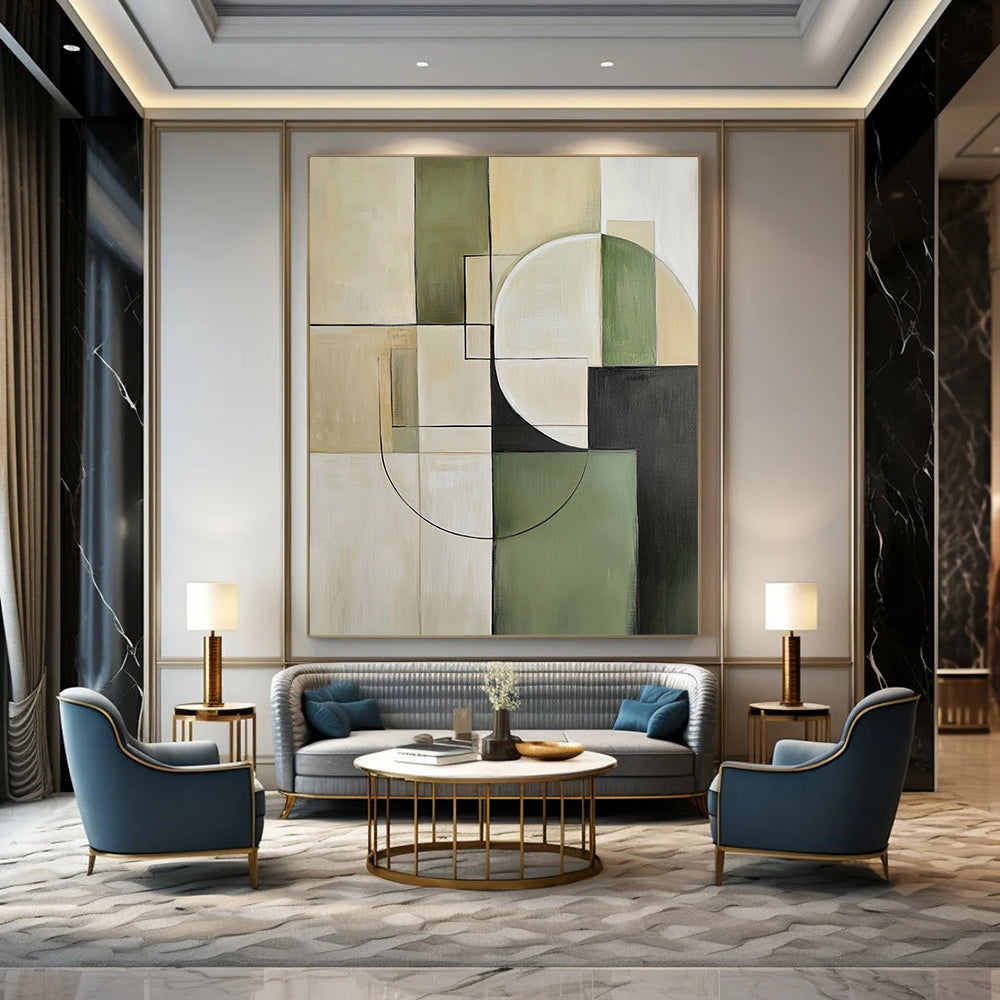 Contemporary hand-painted abstract artwork featuring minimalist beige and green tones with geometric squares and circles for a sophisticated aesthetic. DLZ0552