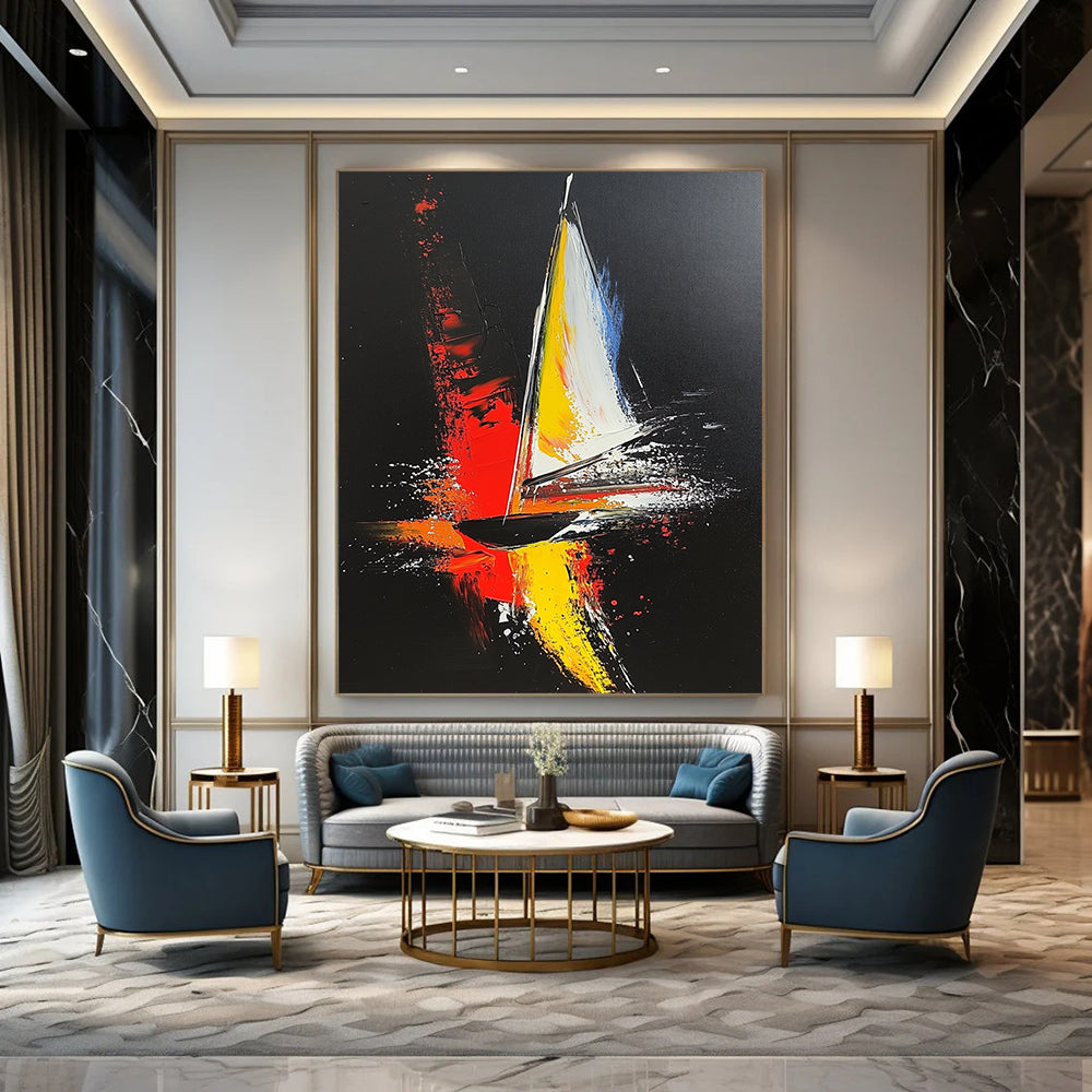Contemporary hand-painted abstract artwork featuring a sailboat in bold red yellow and gray strokes against a striking black background with dynamic white highlights. DLZ1554
