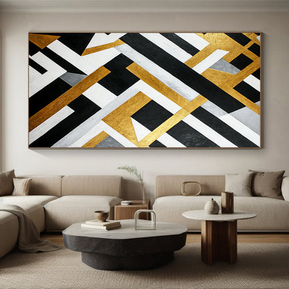 Black, White, Gold, Gray, Interlocking Shapes "Golden Grid" Abstract Modernist Painting On Canvas HB110