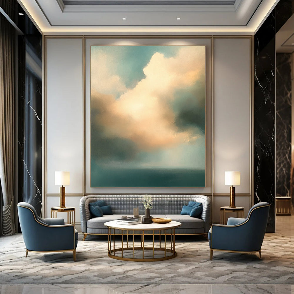 Contemporary abstract oil painting features muted teal and beige clouds over an ocean, creating a serene and captivating atmosphere. DLZ0892