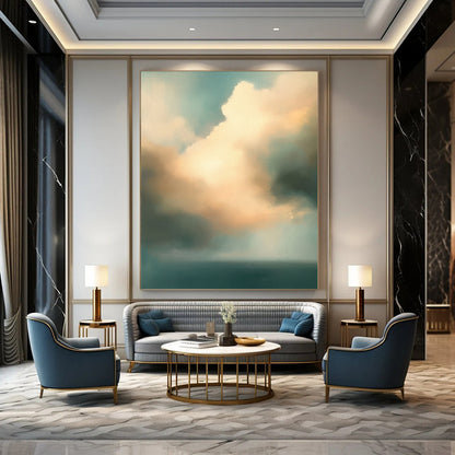 Contemporary abstract oil painting features muted teal and beige clouds over an ocean, creating a serene and captivating atmosphere. DLZ0892