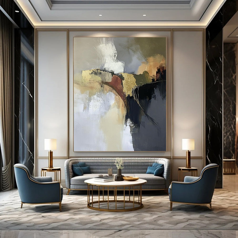 Contemporary hand-painted abstract artwork featuring aerial landscapes in neutral tones with gold and brown accents creating a dreamy atmospheric effect. DLZ0449