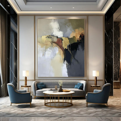 Contemporary hand-painted abstract artwork featuring aerial landscapes in neutral tones with gold and brown accents creating a dreamy atmospheric effect. DLZ0449