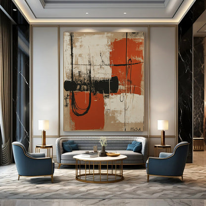 Contemporary abstract artwork featuring orange and white shapes resembling machinery silhouettes against a beige background with dark vignette and textured shading. DLZ1085