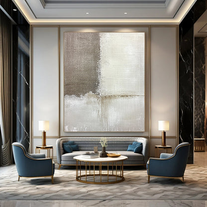 Contemporary hand-painted abstract artwork featuring textured linen and subtle paint streaks set against a soft grayish-white background for added depth. DLZ1171