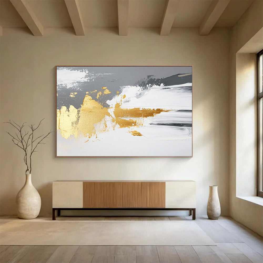 “Gray - White - Gold Abstract Strokes” - Gray, White, Gold, Abstract Paint Strokes - Acrylic Painting HB1780