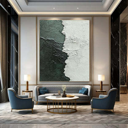 Contemporary abstract painting highlights textured contrast of white plaster and dark green paint with intricate brushstrokes in gray and blue tones. DLZ1213