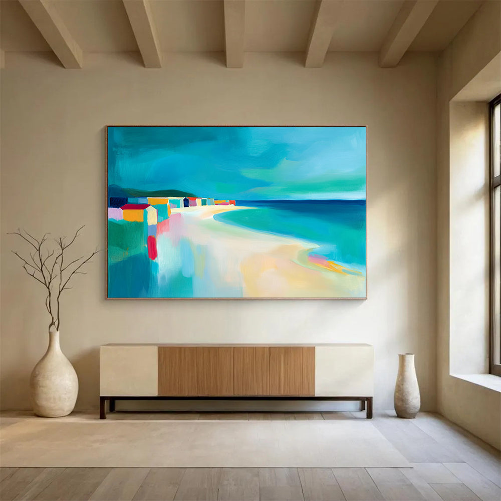 “Colorful Beach Scene with Abstract Houses” - Coastal Abstract Painting On Canvas HB0520