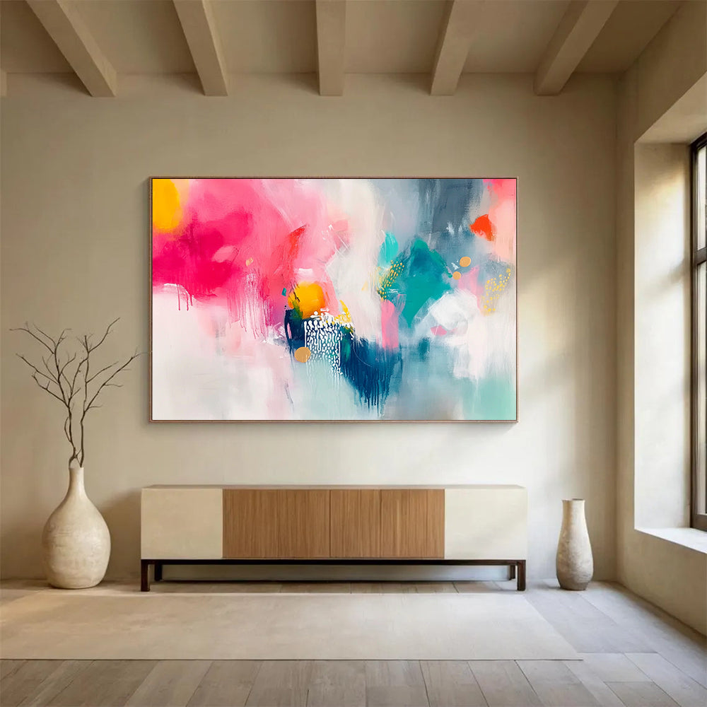 “Vibrant Pink Teal Abstract” - Pink, Teal, Yellow, White, Colorful Forms - Painting On Canvas HB1419
