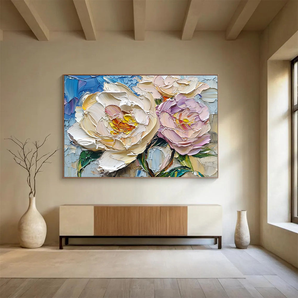 “Pastel Peony Pair” - Creamy Whites, Soft Pinks, Blues, Intricate Peony Blooms - Textured Oil Painting HB1717