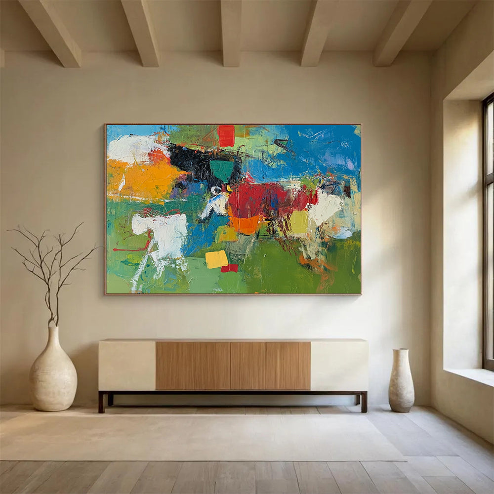 “Vibrant Color Block Chaos” - Green, Blue, Red, Yellow with Bold Blocks - Painting On Canvas HB1368
