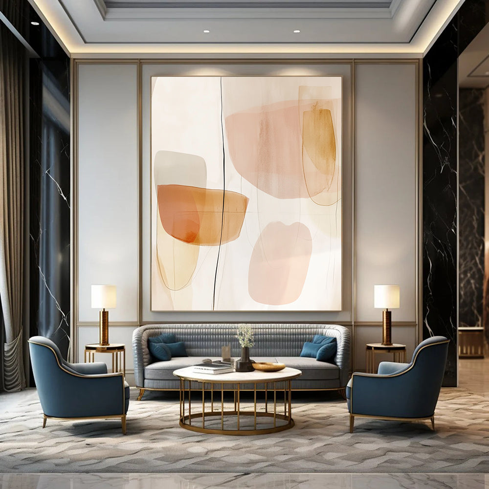 Contemporary hand-painted abstract art featuring peach and neutral tones with simple shapes and subtle watercolor textures for a serene aesthetic. DLZ1689