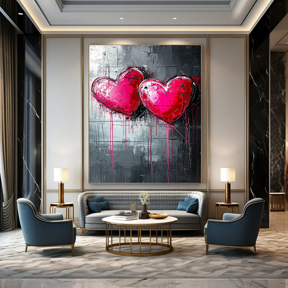 Bold contemporary abstract art featuring three pink and red hearts on a textured dark grey backdrop with dripping paint lines inspired by graffiti style. DLZ0263