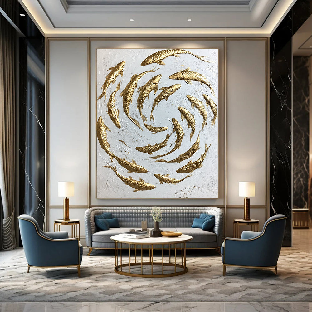 Contemporary hand-painted abstract art featuring swirling gold koi fish on a minimalist white canvas capturing dynamic movement and intricate details. DLZ1475