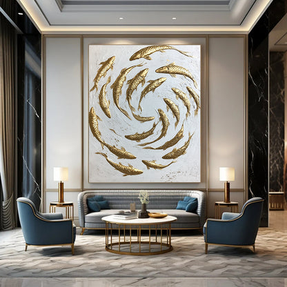 Contemporary hand-painted abstract art featuring swirling gold koi fish on a minimalist white canvas capturing dynamic movement and intricate details. DLZ1475