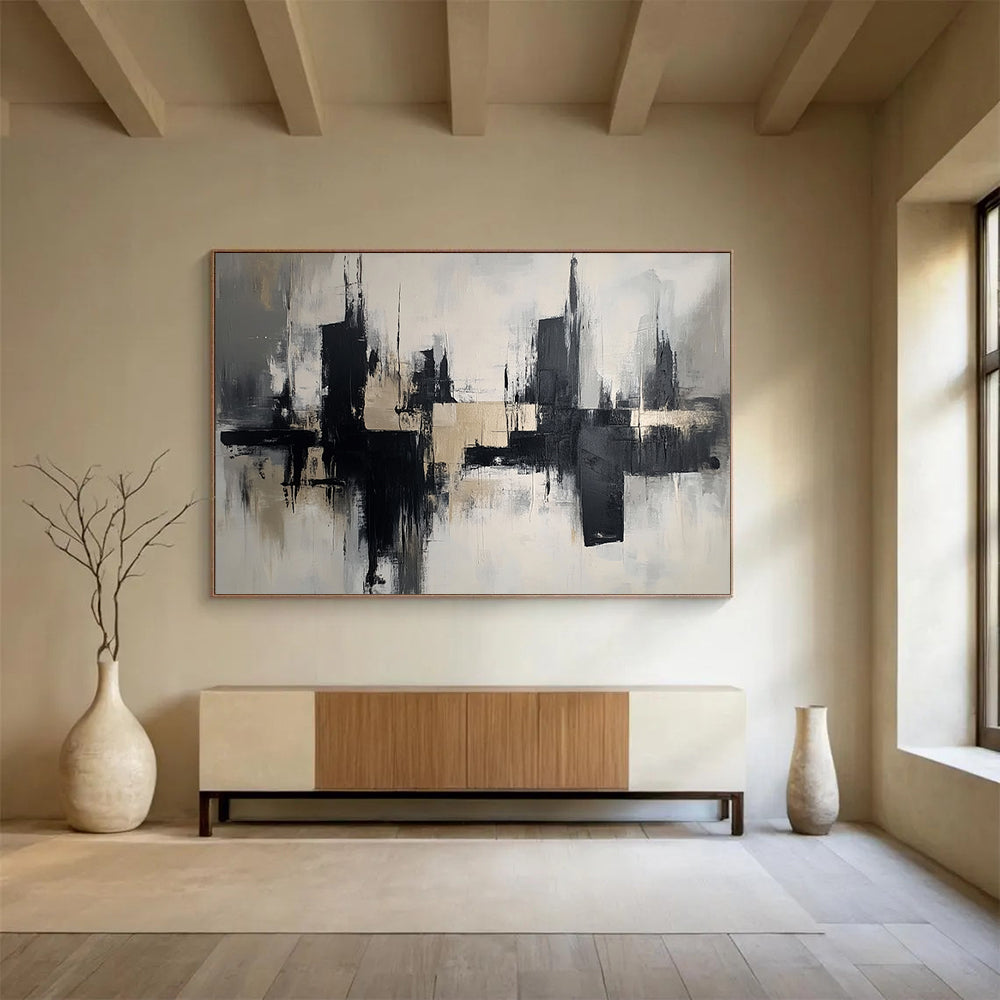 “Monochrome Cityscape Reflection” - Black, Gray, Beige, Abstract Urban Reflections - Abstract Acrylic Painting HB1672
