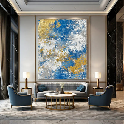 Contemporary hand-painted abstract art featuring a textured blend of blue gold white beige and silver tones for a sophisticated decor accent. DLZ0340