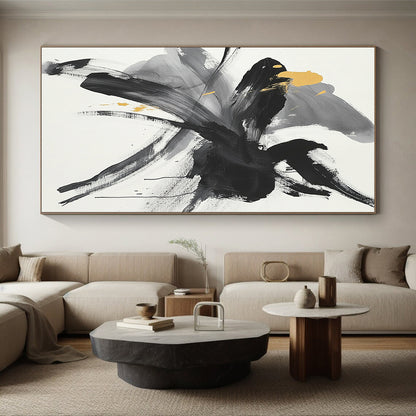 Black, Gray, Yellow and White Abstract Flower "Gilded Bloom" Painting On Canvas HB314