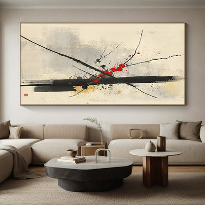 Black, Red, Gray and Beige Minimalist Branches "Splash Blossom" Painting On Canvas HB315