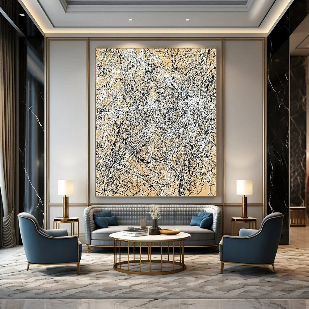 Contemporary hand-painted abstract art features intricate light brown and black crosshatching creating energetic movement and depth on canvas. DLZ0985