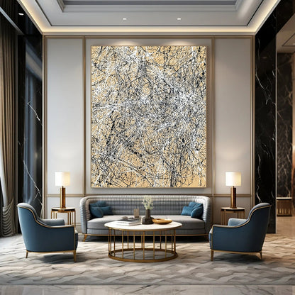 Contemporary hand-painted abstract art features intricate light brown and black crosshatching creating energetic movement and depth on canvas. DLZ0985