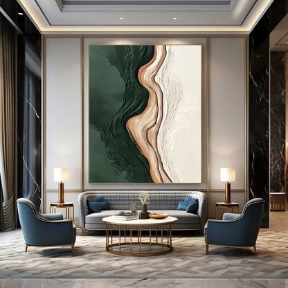 Contemporary hand-painted abstract artwork featuring dark green and beige shapes on white background with gold accents and minimalistic brushstroke design. DLZ0838