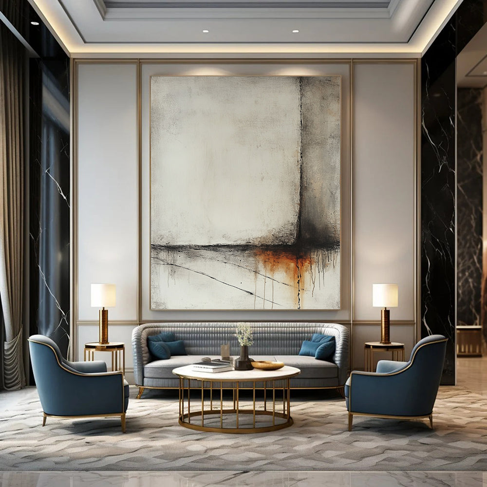 Contemporary abstract artwork featuring a misty ocean scene in light gray and amber tones with minimalistic dry brush techniques and hints of rusted metal. DLZ1004