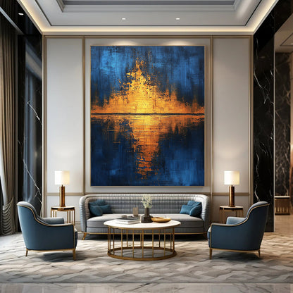Contemporary hand-painted abstract art featuring golden light reflections on water with blue and gold hues enhanced by gold foil and textured canvas. DLZ0506