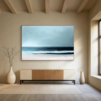 “Minimalist Beach Horizon” - Light blue, black, white; Abstract beach scene; Soft Acrylic Painting On Canvas HB1189