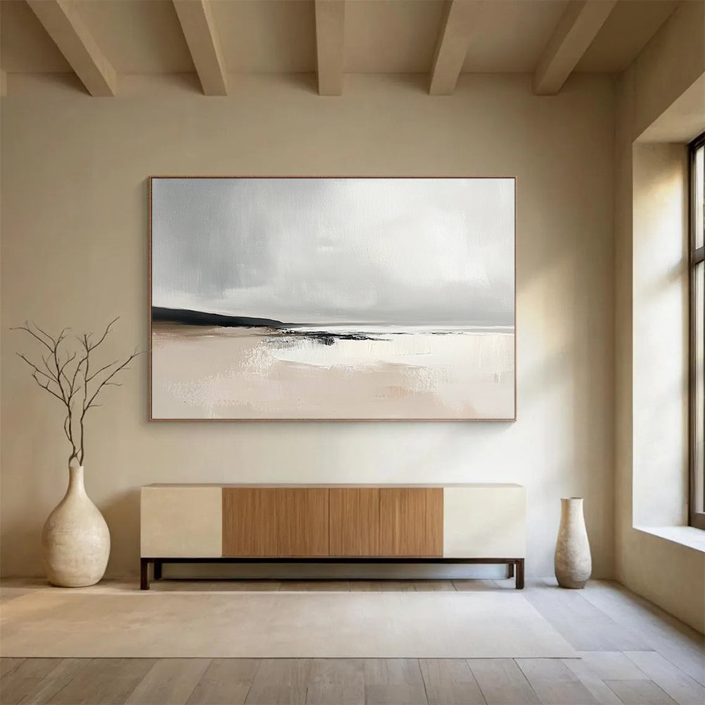 Gray and Beige Abstract Beach Scene - “Misty Shore” Painting On Canvas HB1460