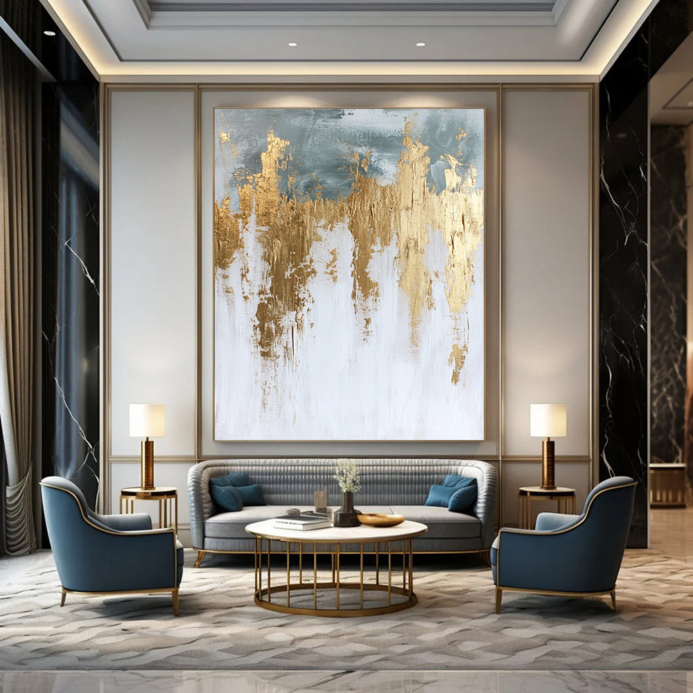 Contemporary hand-painted abstract artwork in white and gold featuring textured paint surface and elegant gold foil accents. DLZ0686
